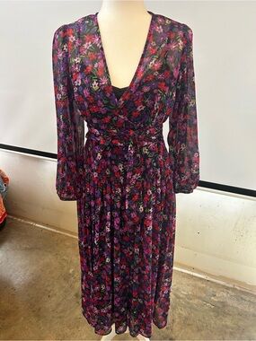 Calvin Klein Purple and Pink Floral Wrap Midi Dress